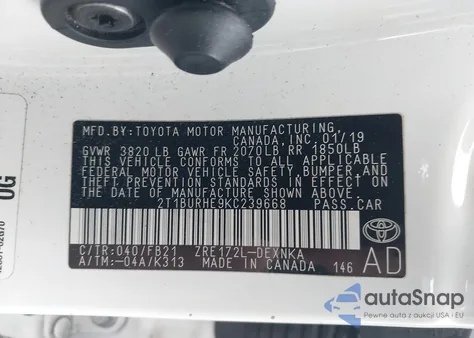 2019 Toyota Corolla Le из США, поврежденный, VIN 2T1BURHE9KC239668